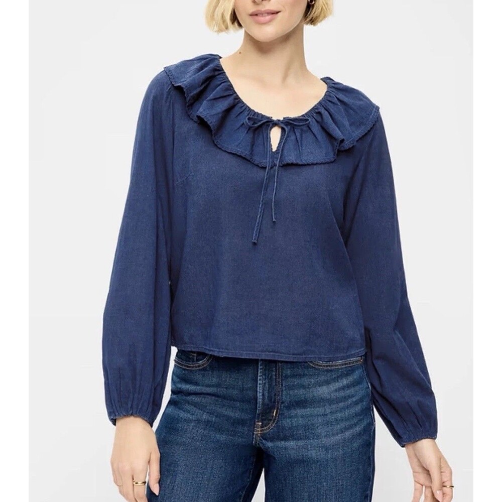 Old Navy Top Long Sleeve Ruffle Tie Neck Blue Minimalist Casual Preppy Small NWT